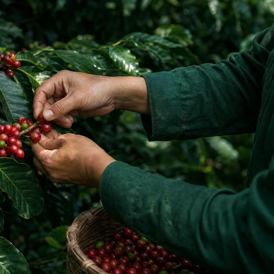Cueillette des cerises de café à la main, sur l'arbre